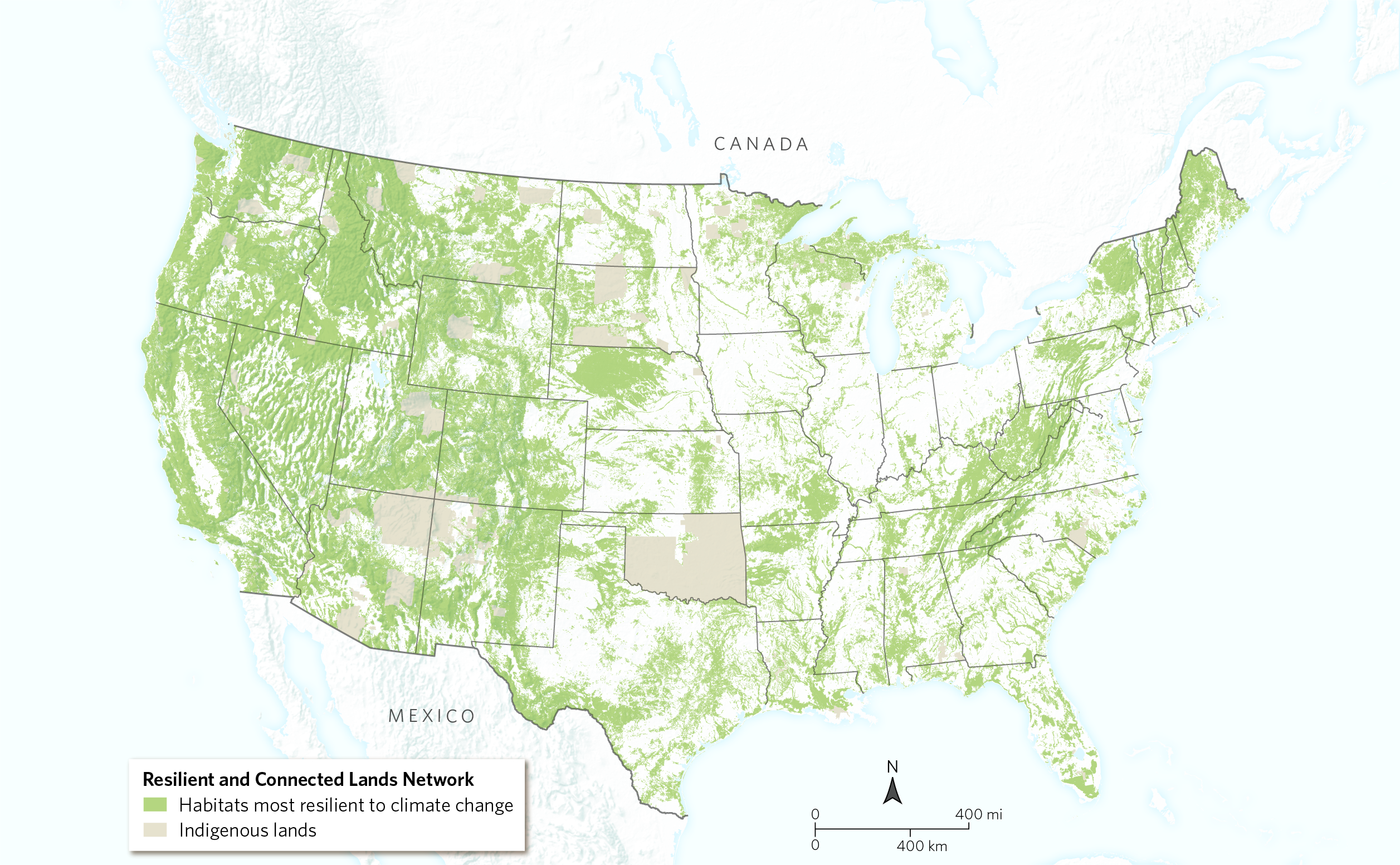 A map of the Lower 48 United States with shades of green delineating places of resilient and connected landscapes.